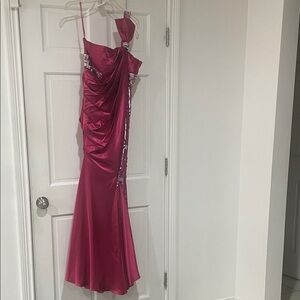 Fuchsia One-Shoulder Ruched Prom Gown with Sequin Trim